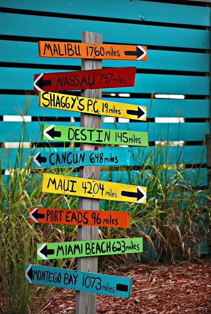 A colorful signpost with arrows pointing to various exotic destinations, each labeled with the distance in miles, set against a tropical backdrop. This whimsical navigation pole symbolizes the crossroads and decision-making found in collaborative meeting spaces, where ideas travel and destinations are plotted