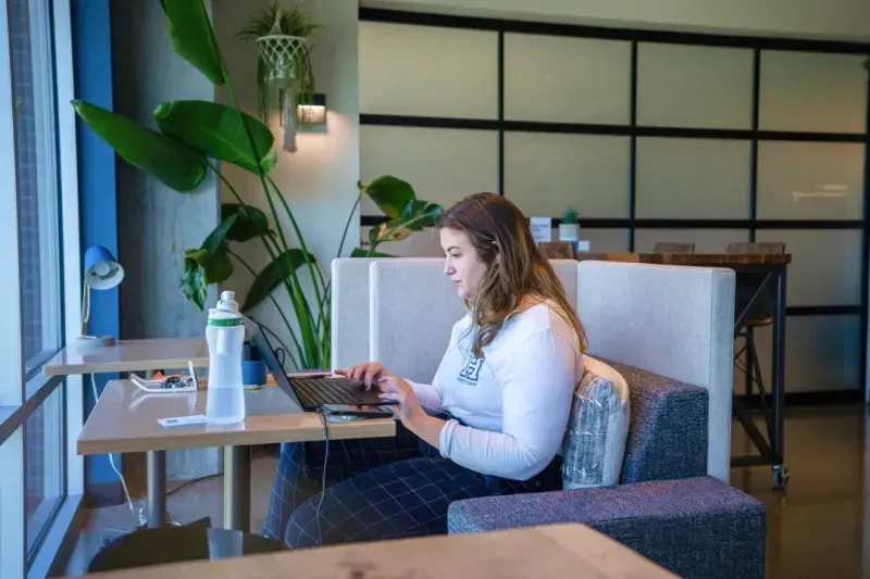 A woman sits at a small table by a window, typing on a laptop in a modern workspace featuring lush plants. Ideal for those seeking office space for rent, the area includes amenities like meeting rooms and inspiring décor.