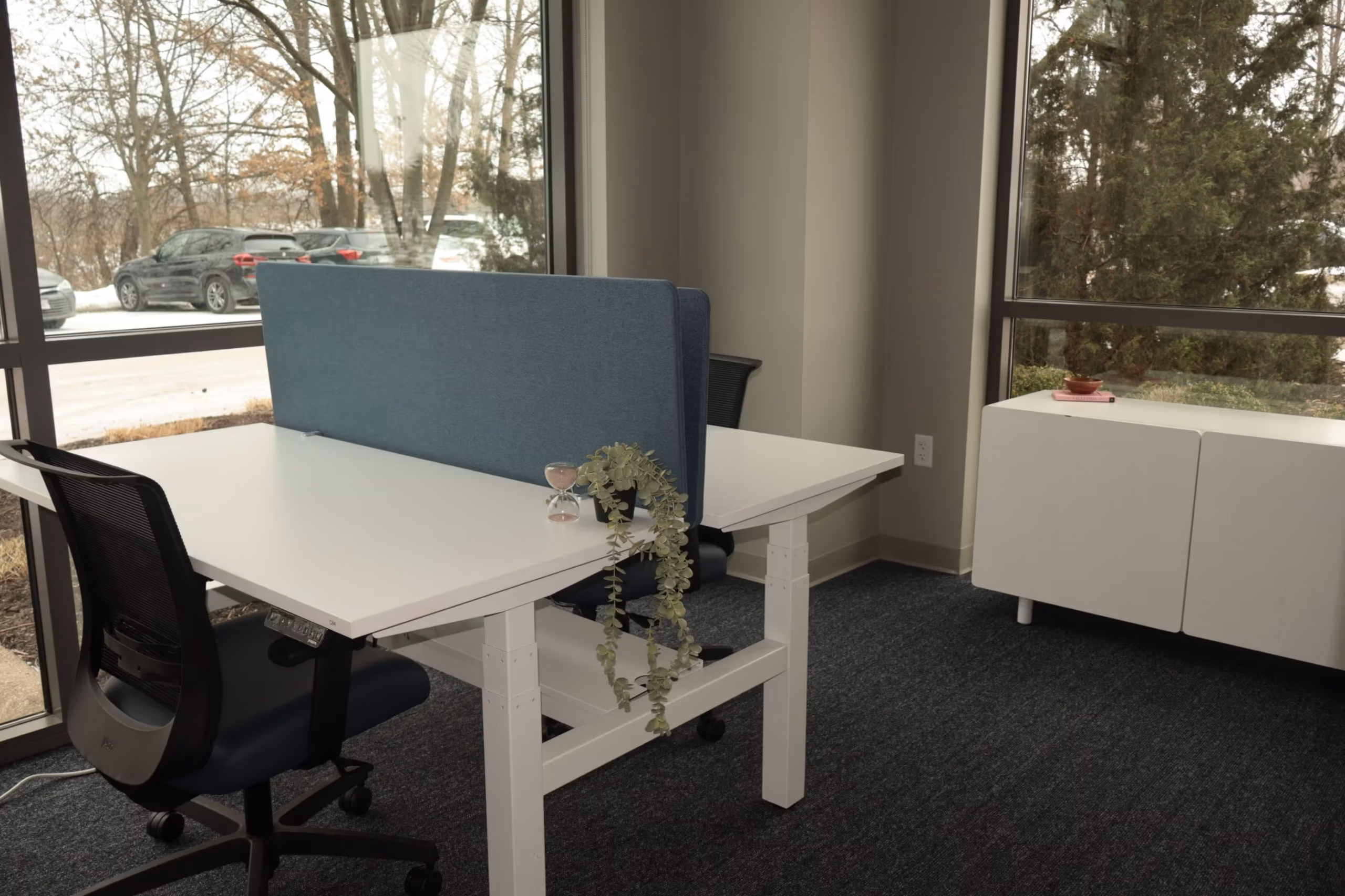 A modern office space for rent with two white desks separated by a blue divider, black chairs, a trailing plant on one desk, large windows with trees outside, and a white cabinet in the corner.