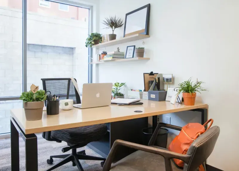 A modern, tidy office space for rent with a wooden desk, laptop, potted plants, and a brown chair. Shelves with books and decor hang on the white wall as natural light streams in. An orange bag rests on the chair.